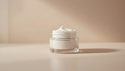 Luxurious skincare cream in elegant glass jar on beige background