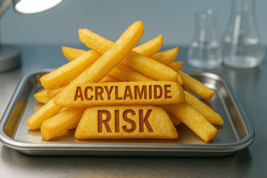 Golden French fries with acrylamide risk engraved warning label on food safety chemical concept photography, laboratory stainless steel tray with glass beakers in background