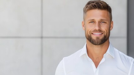 Happy bearded man smiling showing his perfect white teeth, expressing confidence and positive vibes against a modern blurred background