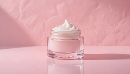 Pink cream in clear glass jar on pink background