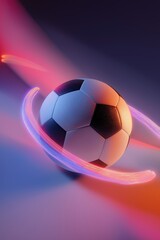 Naklejka premium Soccer ball with vibrant neon light trails swirling around it against a dark, dynamic background. Captures energy and movement of sport