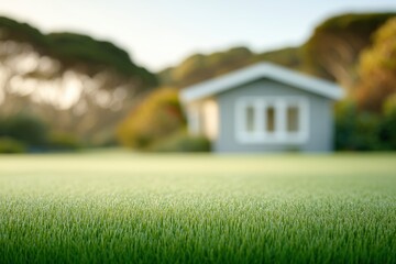 Vibrant green grass in foreground with modern house and lush garden trees blurred in background, fresh outdoor living scene on bright day
