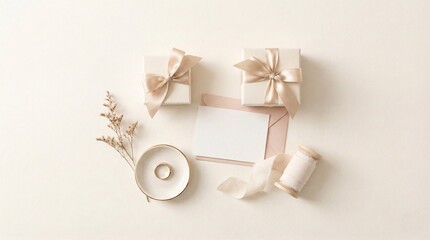 Minimal Beige Gift Box with Ribbon, Candle and Decorative Elements on Neutral Background, Elegant Luxury Still Life for Valentine Day, Wedding, Anniversary, Celebration and Premium Lifestyle Stock Ima