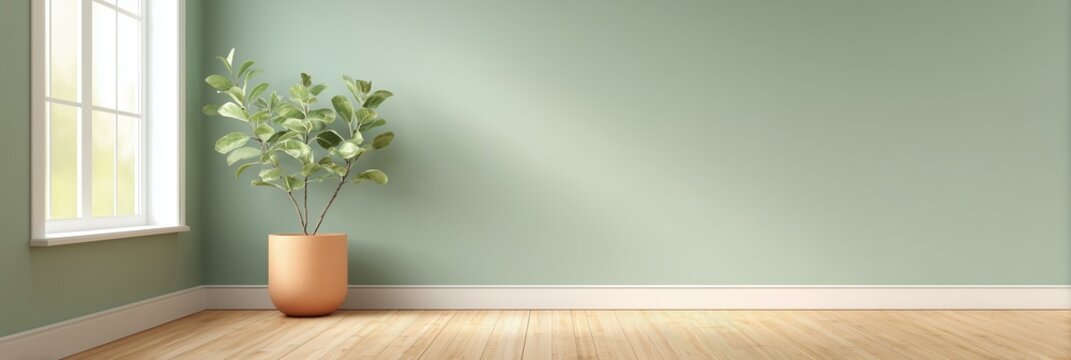 Empty minimalist room with potted plant, bright window, light green wall, and wooden floor. Modern interior design, natural light, and space for decor