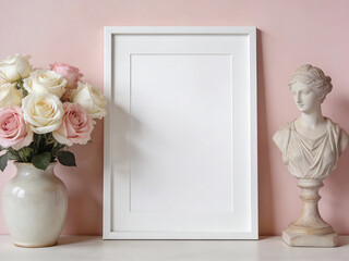 frame mockup white roses in a vase