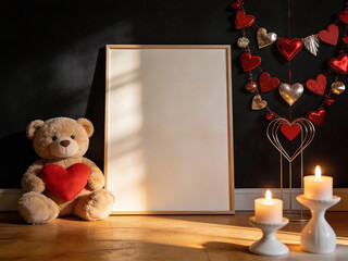 Frame mockup teddy bear and heart