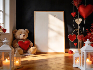 Frame mockup teddy bear and heart