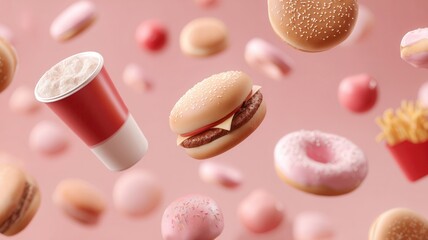 Fast food, sweet donuts, burgers, and sweet snacks floating in zero gravity background pastel pink against