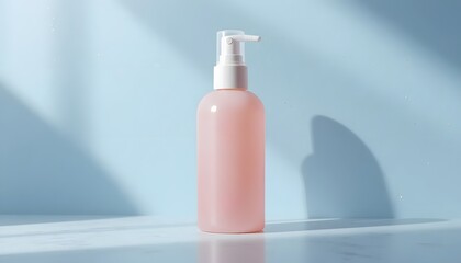 Pink cosmetic bottle with white pump on blue background