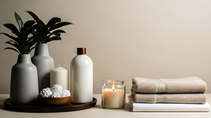 Serene bathroom tableau featuring stacked beige towels beside a glowing candle and decorative vases holding dark green foliage for wellness and spa ambiance