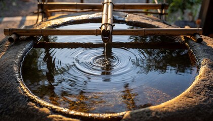 Water fountain with bamboo elements and flowing water in natural light
