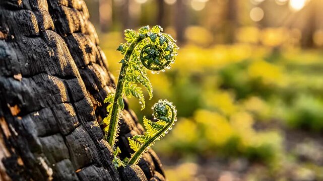 A small green fern grows out of the charred remains of a tree trunk in a sunny forest