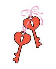 Whimsical valentine coquette doodle set red keys with pink bow, ribbon. Cute vintage element for Valentine's Day, wedding, invitation, greeting card. Hand drawn sketch. Isolated crayon vector illustra