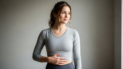 A thoughtful young woman in grey activewear gently holds her stomach, looking off into the distance.