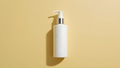 Elegant white cosmetic bottle with pump on beige background