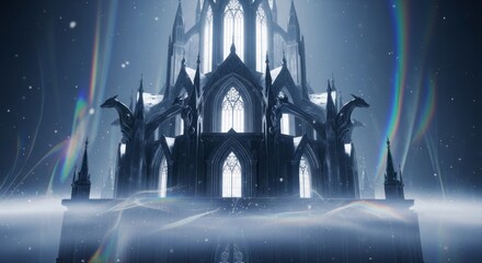 Mysterious Gothic Castle in Fog.