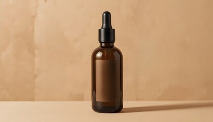 Dark amber glass dropper bottle on neutral background