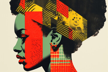 Black history month abstract portrait of a beautiful black woman, graphic shapes pan african colors