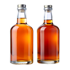 Two clear glass bottles filled with amber spirit on a sleek black background