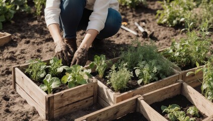 Fototapeta premium Gardener tending to plants in wooden boxes outdoors in sunlight.