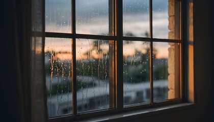 Window view of a rainy evening with sunset colors and water droplets