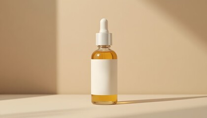 Serum bottle with dropper on beige background for skincare product advertising