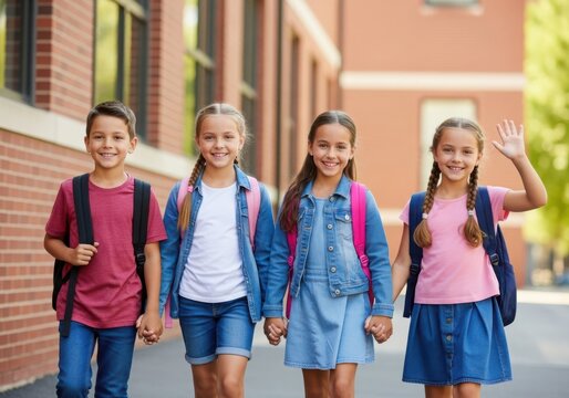 Happy elementary school students walking together with backpacks, smiling, holding hands, and waving by school