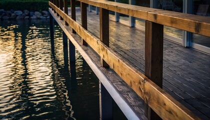 Fototapeta premium Wooden bridge over water reflecting sunlight in natural outdoor environment
