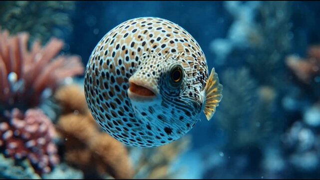 Closeup of Pufferfish inflating its body in coral reef habitat