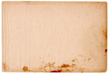 Altes vergilbtes Papierst&uuml;ck im Querformat mit starken Flecken wie Fettflecken oder Farbflecken