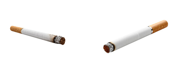Close up view of burning cigarettes with glowing ash and visible tobacco, useful for health awareness campaigns, addiction prevention materials, or depicting smoking habits