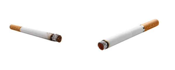 Close up view of burning cigarettes with glowing ash and visible tobacco, useful for health awareness campaigns, addiction prevention materials, or depicting smoking habits