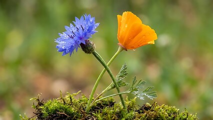 Macro shot of blue and orange flowers, stems intertwined on moss, sparkling with water droplets. A beautiful display of nature's contrasting harmony