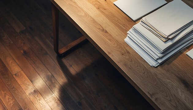 Wooden table with stacked papers and flooring with natural light