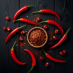 Minimalist dark food photography of red chilies and ground spice flakes in a bowl on black wood background.