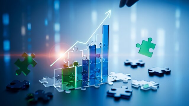 Business sustainability graph with puzzle pieces and upward trend in a digital environment from a high viewpoint