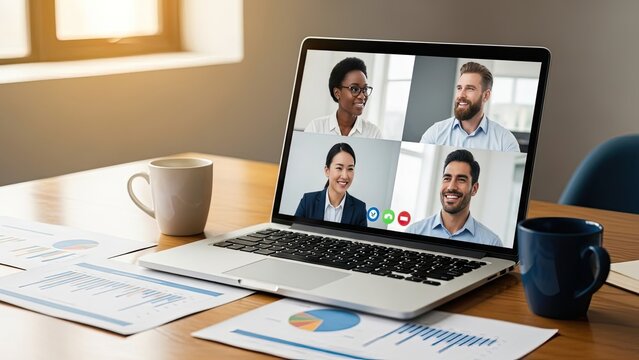 Diverse business team on laptop screen during online video conference meeting.