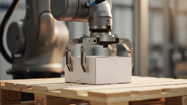 Industrial Robot Arm Packaging White Box on Wooden Pallet