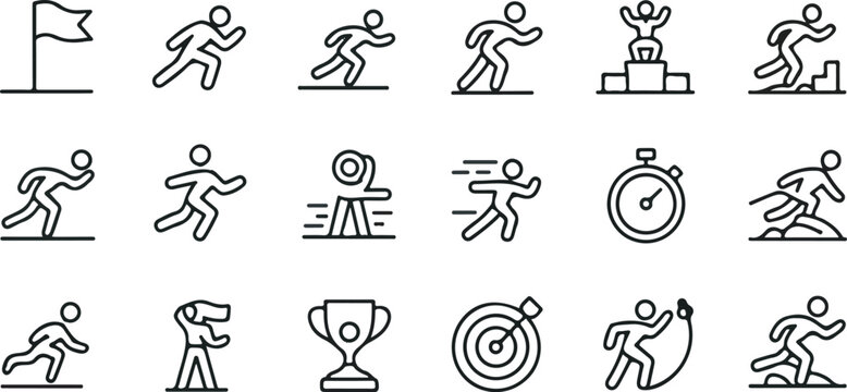 Set of people and zodiac icons collection Set of Collection of minimalist line icons visually representing athletic competition, including a finish line flag, runners in motion a stopwatch a trophy a 