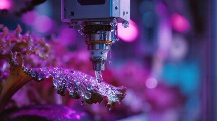 A macro view of a robotic arm sensor measuring the pH level of a hydroponic lettuce leaf inside a high-tech vertical farm. Purple and Blue LED lamps for growing plants,Commercial sci-fi style