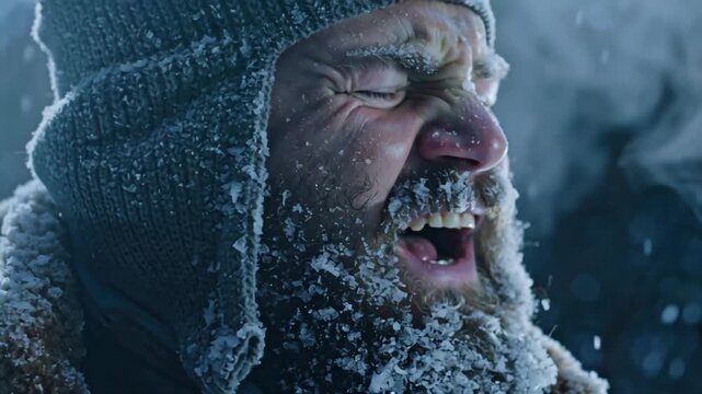 Surreal close-up of a man&rsquo;s beard sparkling icicles, frozen breath turning frost patterns, icy blue lighting, magical cold atmosphere, slow-motion time-lapse effect, hyper-realistic textures, 4K