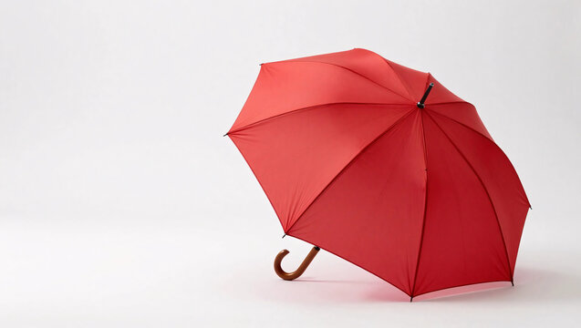 A vibrant red open umbrella featuring a classic wooden hook handle rests tilted against a clean white background, creating a bold and minimalist visual.