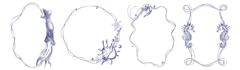 Sea frame doodle set with ocean borders and marine creatures. Hand drawn seafood illustrations with squid, seahorse and starfish decorative frames. Vintage engraved nautical patterns for summer design