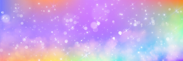Unicorn rainbow background with sparkling bokeh lights and gradient. Watercolor sky with glittering stars. Dreamy princess backdrop with kawaii magic sparkles and soft fairy tale atmosphere. © klyaksun