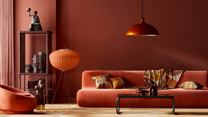 Bold conceptual living room interior featuring terracotta colors, sculptural sofa, abstract wall art and warm lighting for a stylish retro modern atmosphere. 3D illustration © Salih