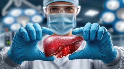 Surgeon's gloved hands gently holding a transparent sphere protecting a healthy digital render of a human liver. Symbolizing organ donation. Advanced medical care