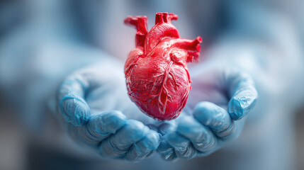 Doctor holding a realistic human heart, symbolizing organ donation, transplantation for saving lives, cardiovascular health, and medical research