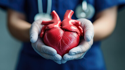 Doctor holding a realistic human heart, symbolizing organ donation, transplantation for saving lives, cardiovascular health, and medical research