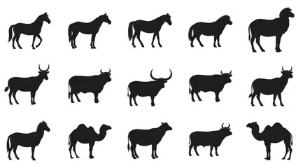 Diverse Farm and Livestock Animal Silhouettes Collection, Horse, Cow, Camel, Sheep Icons