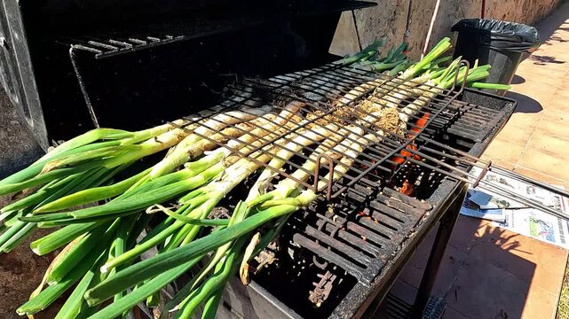 Traditional Catalan cal&ccedil;ots Grilling on an Outdoor Barbecue